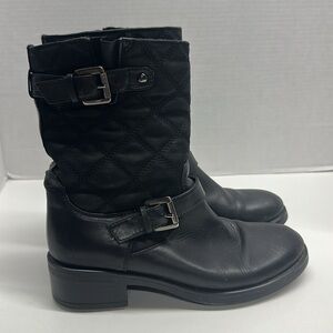 Aquatalia Boots Leather Suede Quilted Moto Biker Silver Buckle Black Size 7